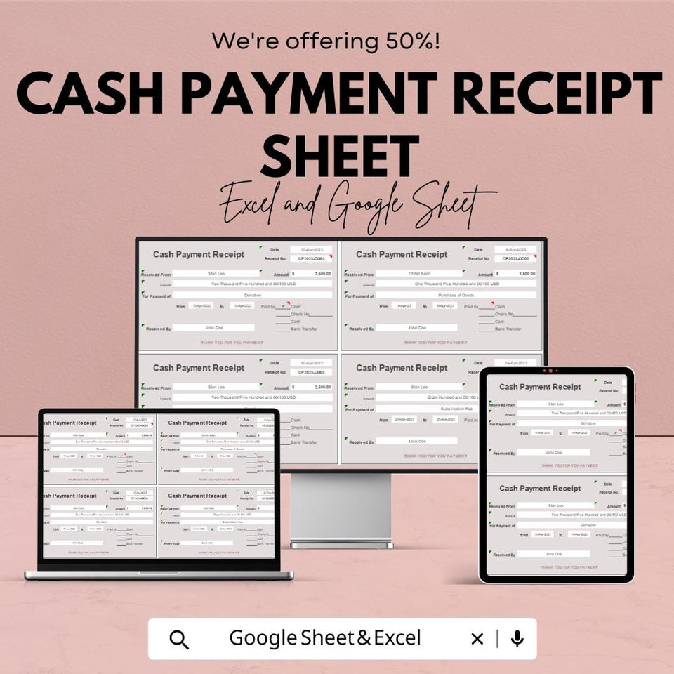 Cash Payment Receipt Template – Excel & Google Sheet – Financial Documentation, Proof of Payment, Transaction Record – Editable Template