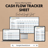 Cash Flow Tracker Sheet | Financial Planning Excel and Google Sheets Template | Monthly Cash Flow Management Tool | Track Income & Expenses