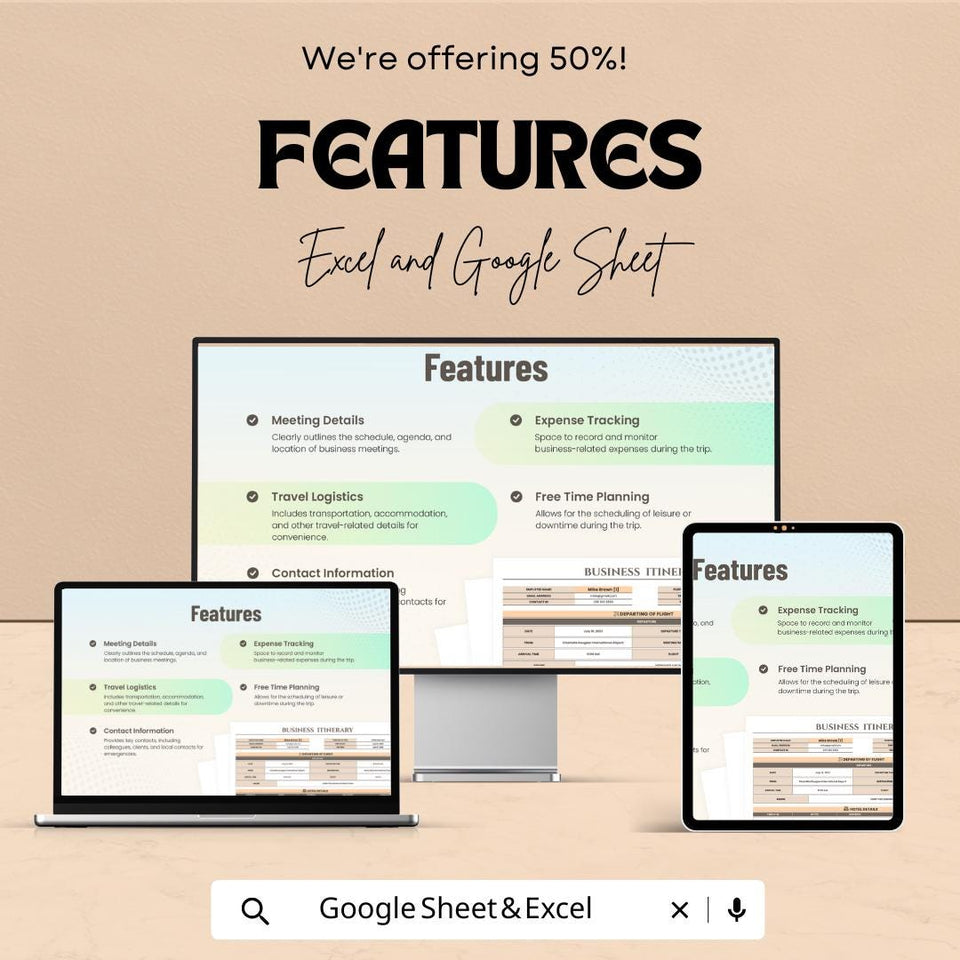 Business Itinerary Sheet | Google Sheets & Excel Template for Business Travel Planning | Professional Trip Schedule Template |