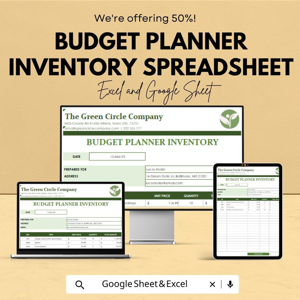 Budget Planner Inventory Spreadsheet - Expense Tracking, Income Management, Budget Optimization - Excel & Google Sheet Template