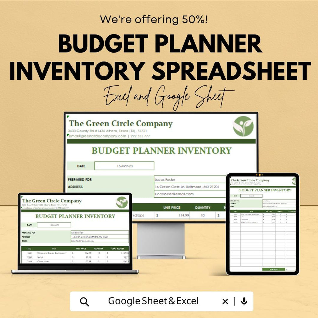 Budget Planner Inventory Spreadsheet - Expense Tracking, Income Management, Budget Optimization - Excel & Google Sheet Template