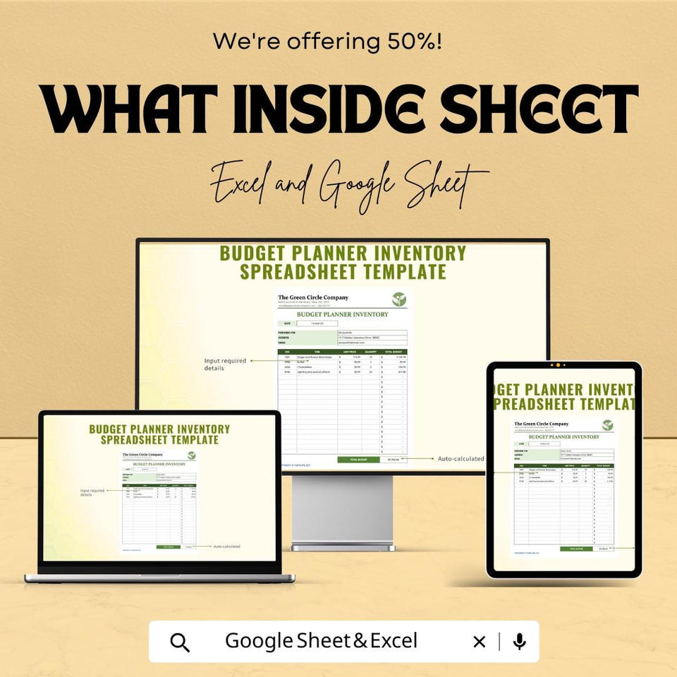Budget Planner Inventory Spreadsheet - Expense Tracking, Income Management, Budget Optimization - Excel & Google Sheet Template