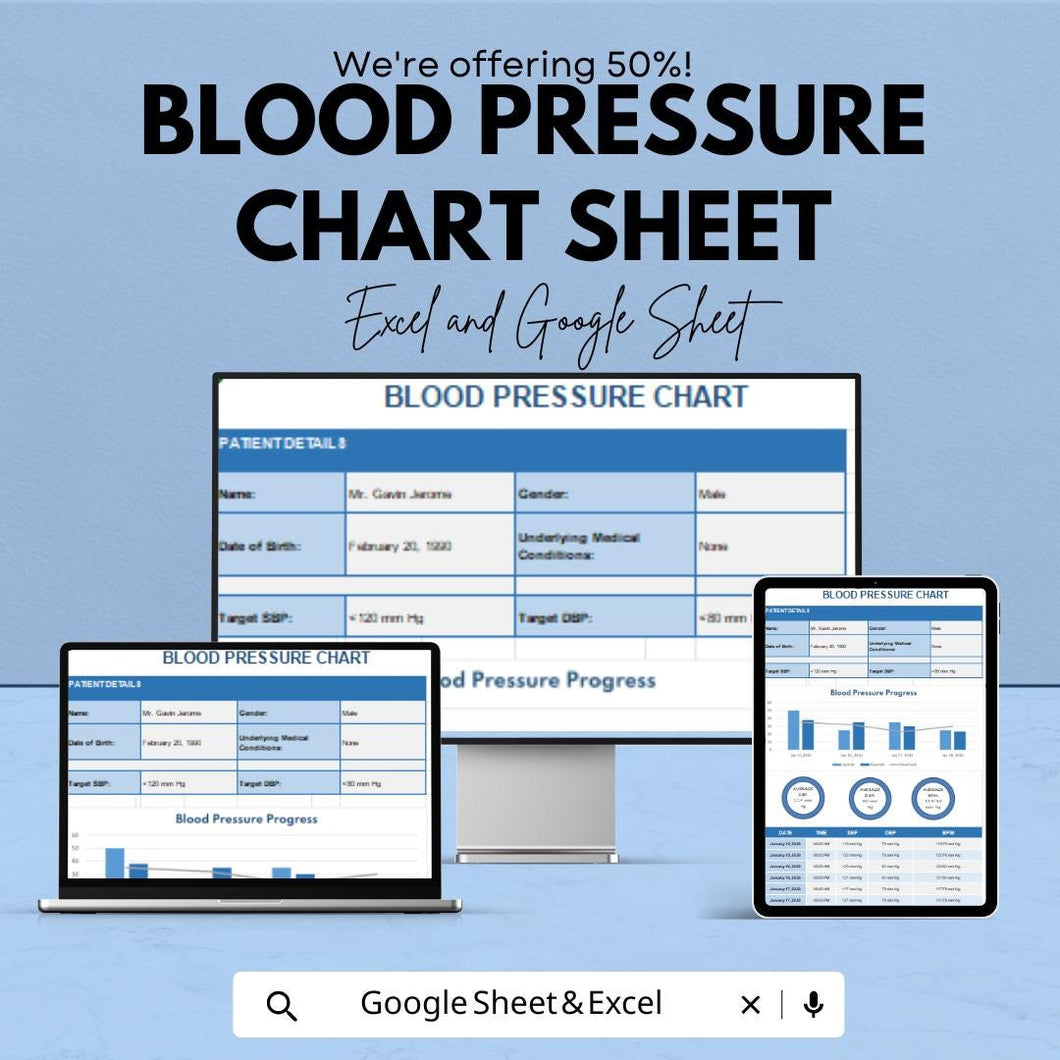 Blood Pressure Chart Sheet - Track BP Progress - Health Monitoring Template - Google Sheets & Excel - Easy to Use for Medical Tracking
