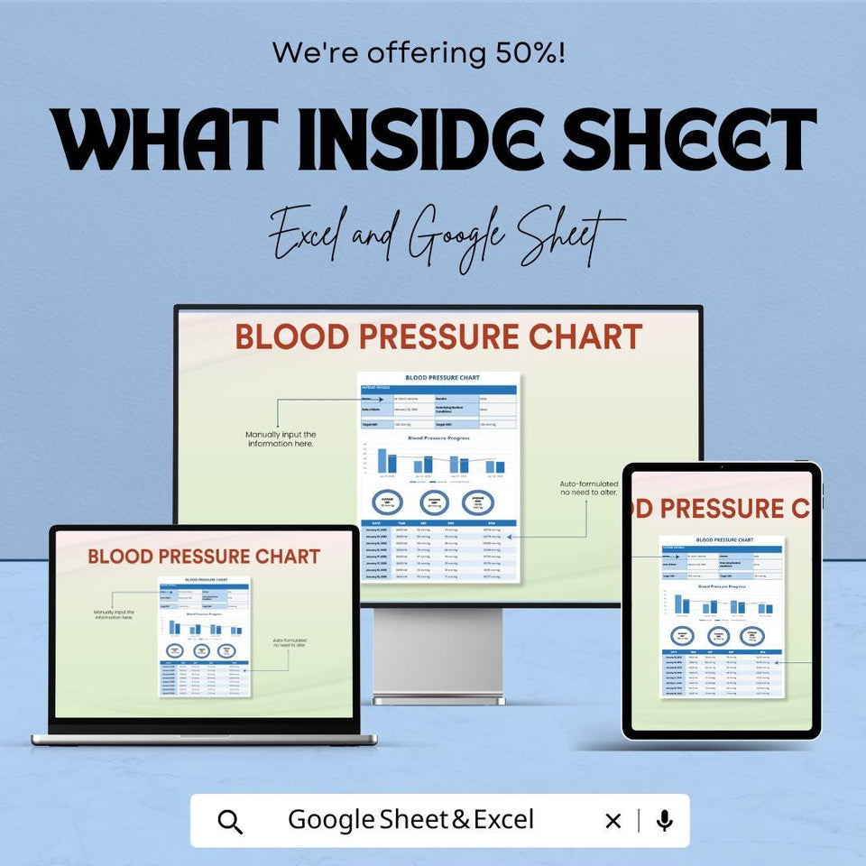 Blood Pressure Chart Sheet - Track BP Progress - Health Monitoring Template - Google Sheets & Excel - Easy to Use for Medical Tracking