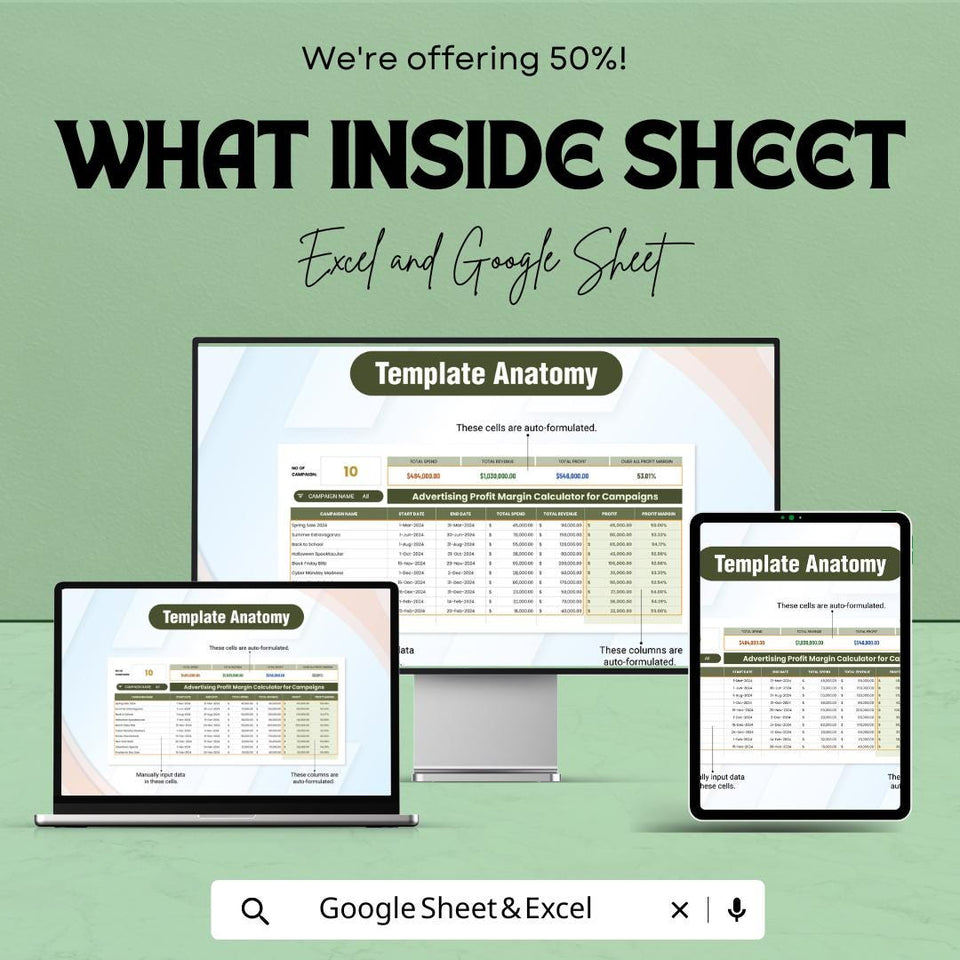 Advertising Profit Margin Calculator for Campaigns | Google Sheet Template | Marketing Campaign ROI Tracker | Ad Spend Profit Tracker