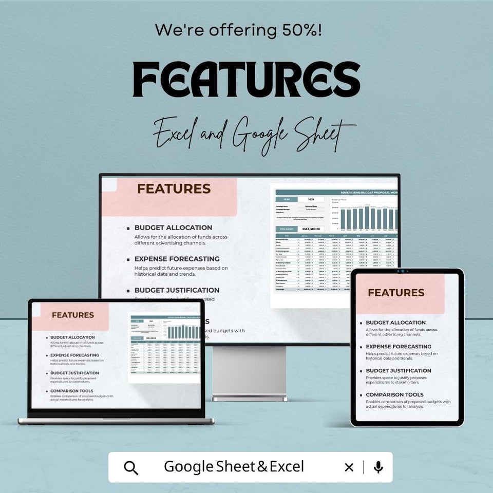 Advertising Budget Proposal Worksheet | Excel and Google Sheets Template | Budget Planner for Marketing & Advertising Campaigns |