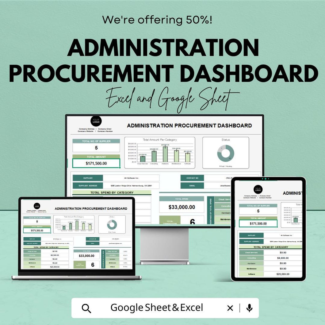 Administration Procurement Dashboard Sheet | Excel and Google Sheets | Track Procurement Performance & Supplier Activities