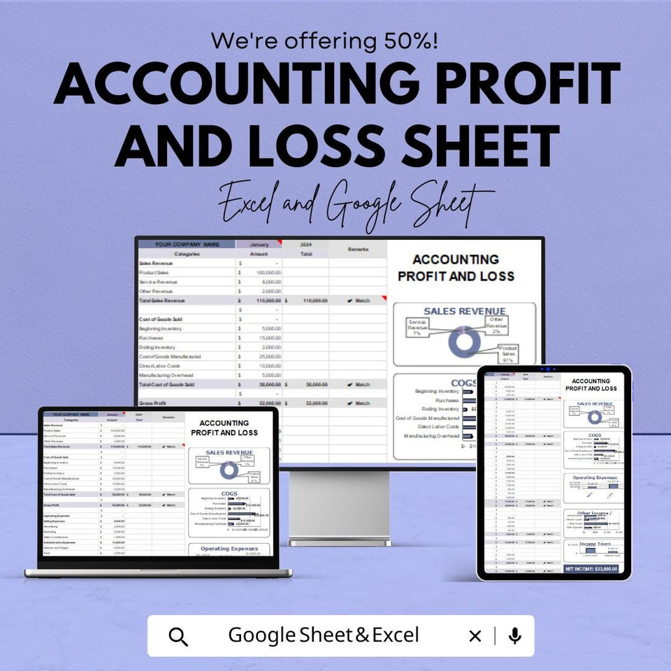 Accounting Profit and Loss Sheet | and Google Sheets | Monthly Budget Tracker, Financial Management Template, Profit & Loss Statement