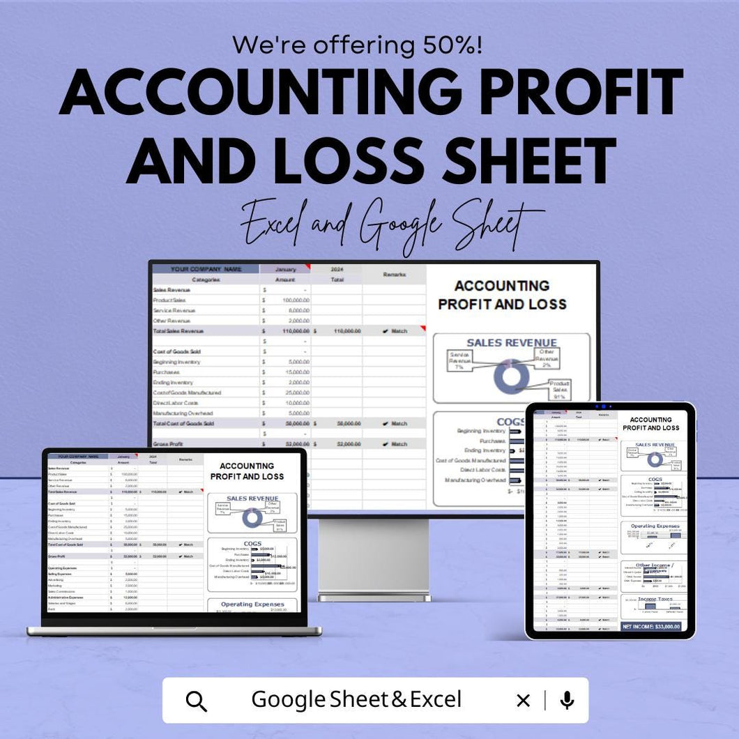 Accounting Profit and Loss Sheet | and Google Sheets | Monthly Budget Tracker, Financial Management Template, Profit & Loss Statement