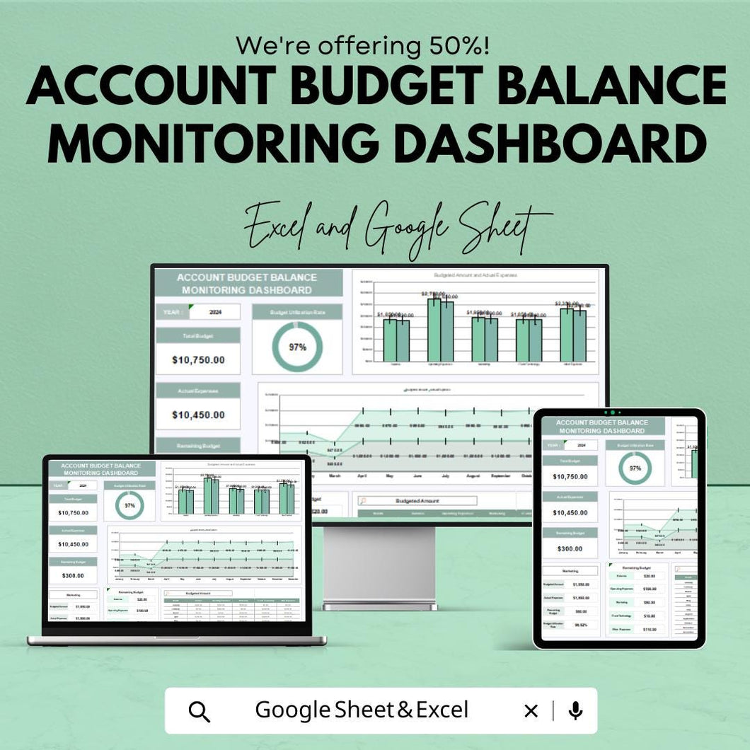 Account Budget Balance Monitoring Dashboard | Sheets Template for Budgeting | Financial Tracking Dashboard | Real-time Budget Management