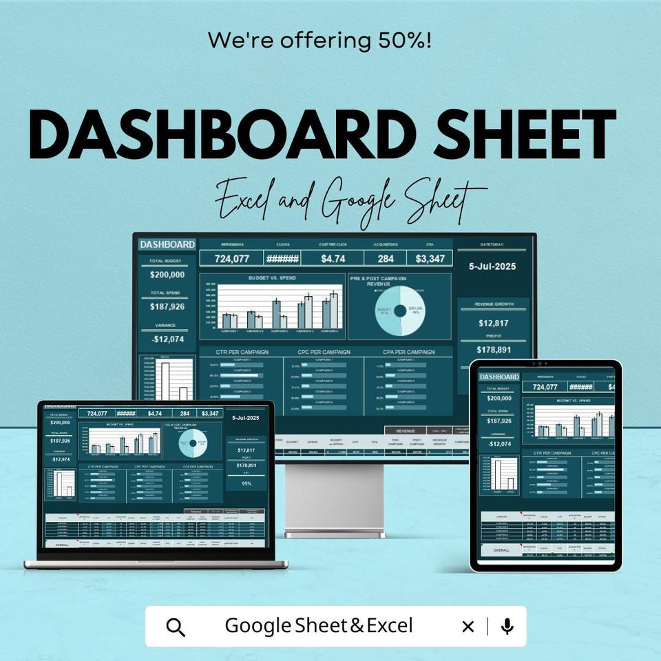 Dashboard Sheet Template | Excel & Google Sheets | Real-Time Data Tracking, Budget Management, Analytics Dashboard