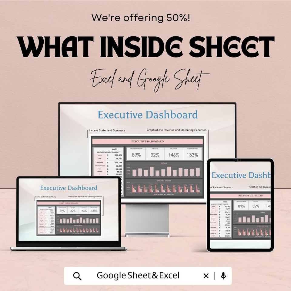 Executive Dashboard Excel and Google Sheet Template - Financial Overview, Budget Analysis & Performance Tracker