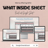 Executive Dashboard Excel and Google Sheet Template - Financial Overview, Budget Analysis & Performance Tracker
