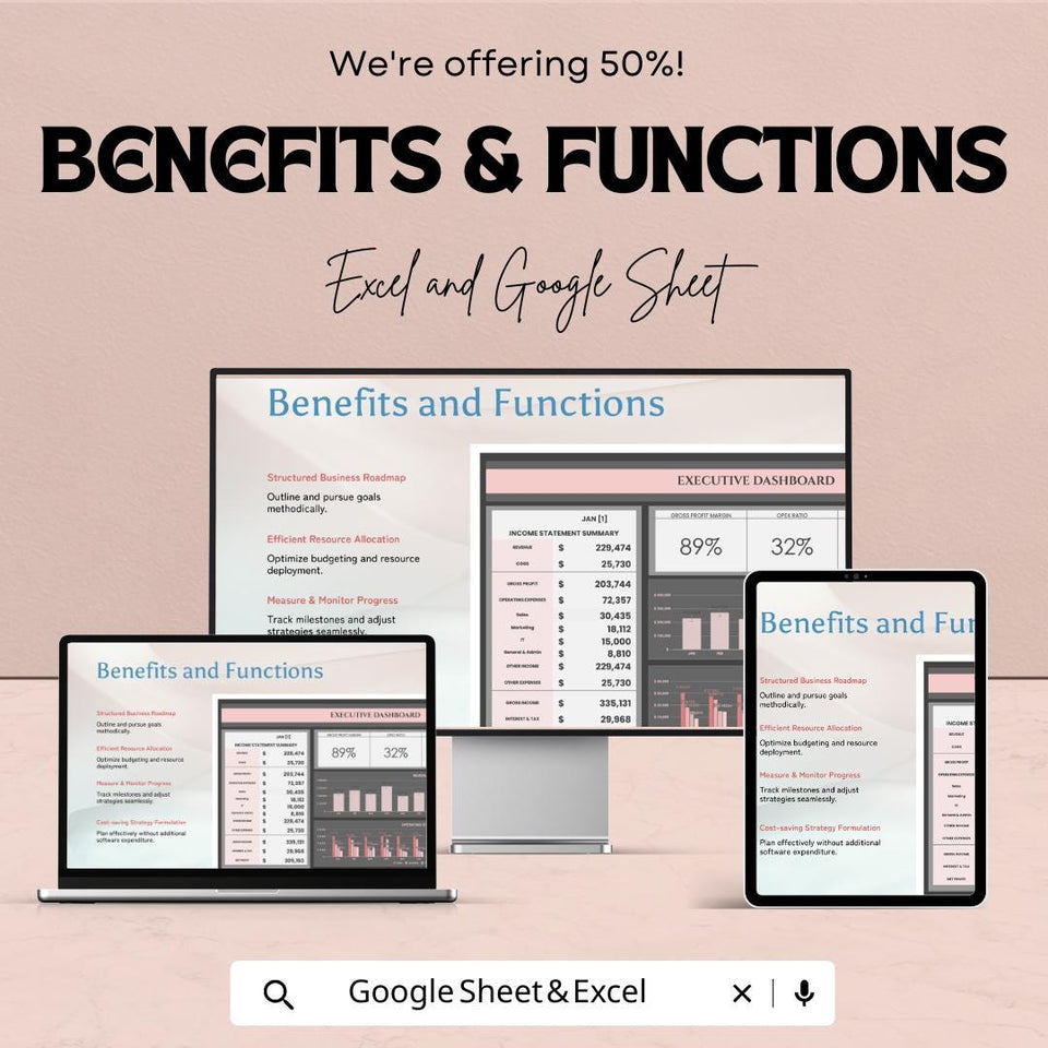 Executive Dashboard Excel and Google Sheet Template - Financial Overview, Budget Analysis & Performance Tracker