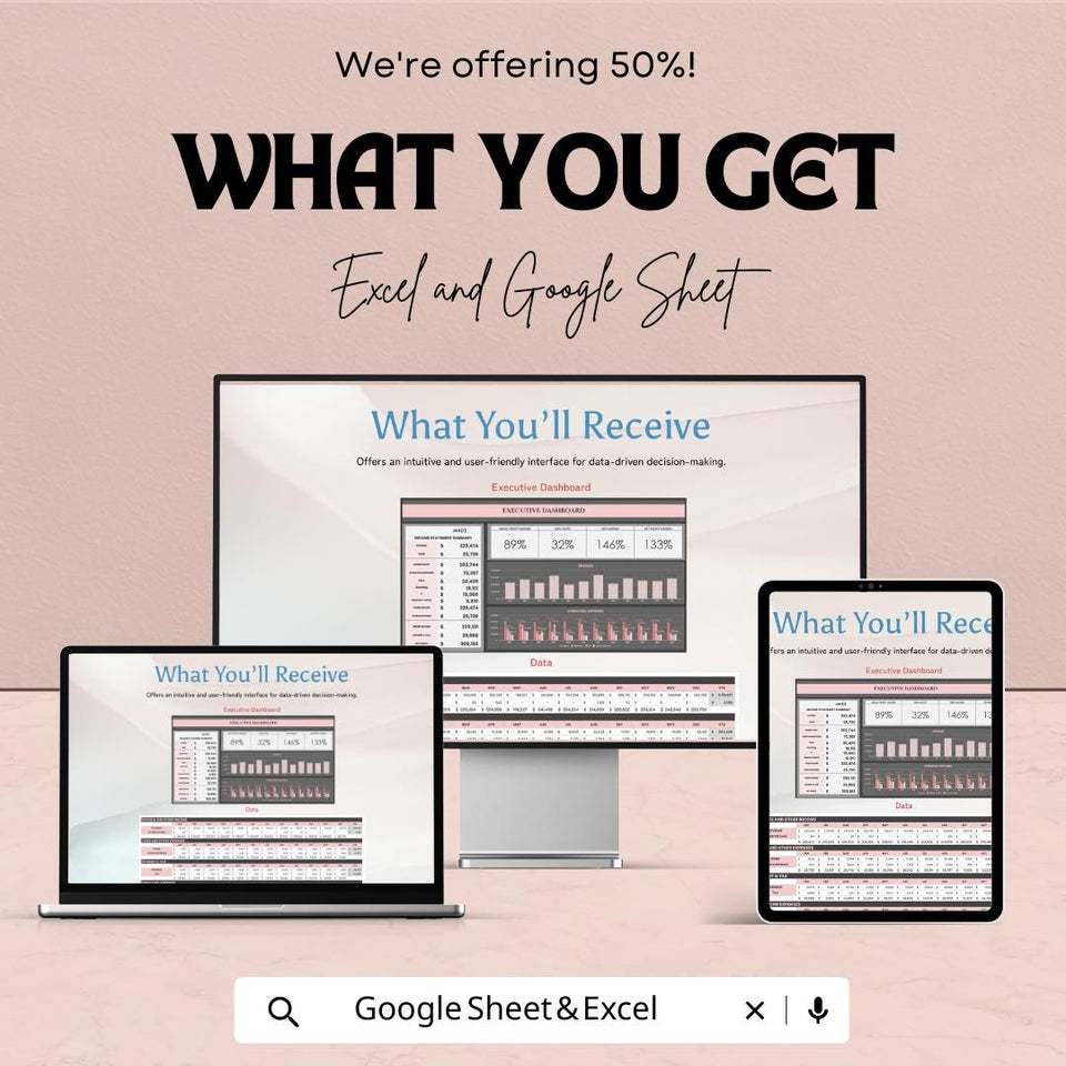 Executive Dashboard Excel and Google Sheet Template - Financial Overview, Budget Analysis & Performance Tracker