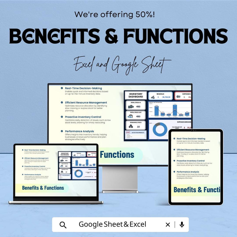 Inventory Dashboard for Excel & Google Sheets | Track Stock, Revenue and Expenses | Dynamic Business Management Tool