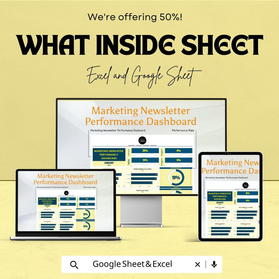 Marketing Newsletter Performance Dashboard | Track Email Campaign Metrics | Excel & Google Sheet Template | Monthly Reporting Tool