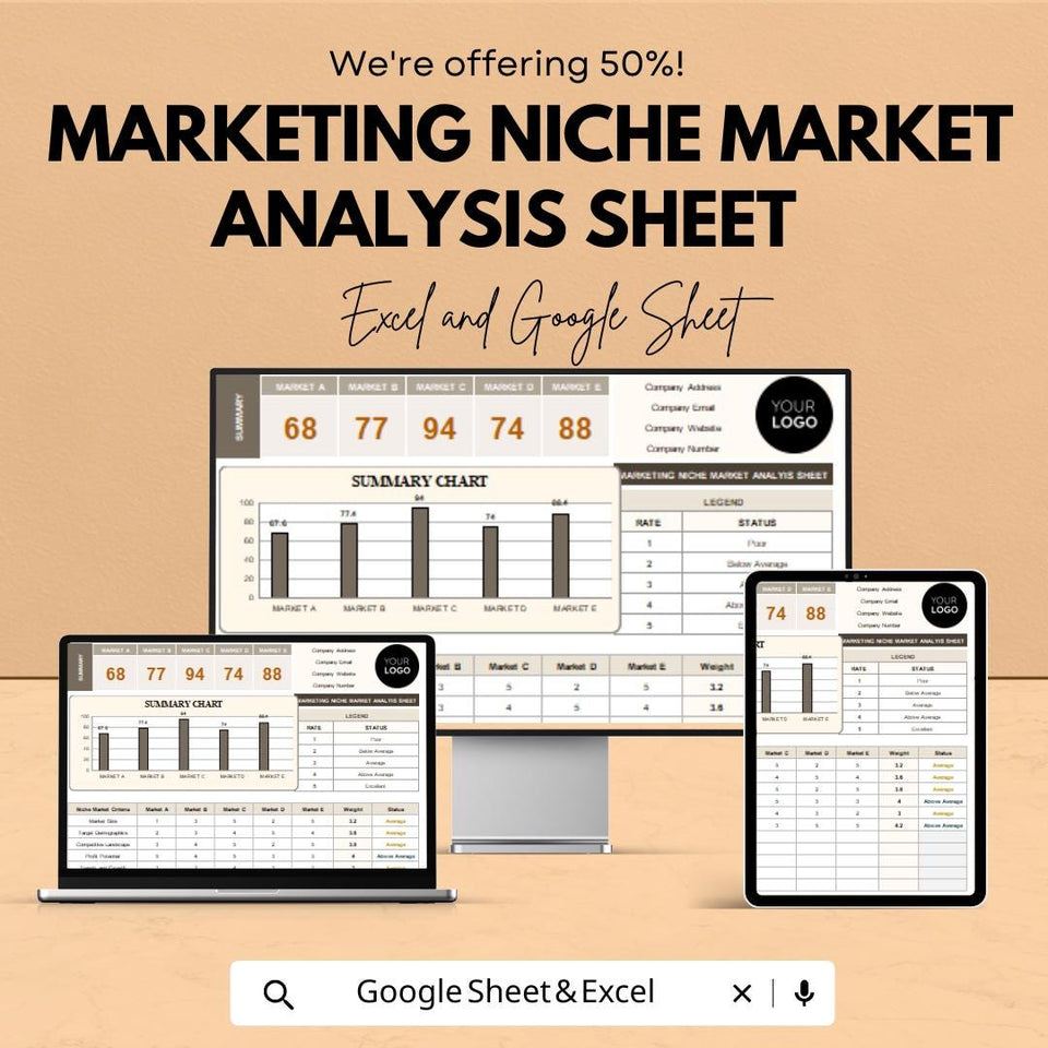 Marketing Niche Market Analysis Sheet | Excel and Google Sheets Template for Market Research | Track & Analyze Business Performance