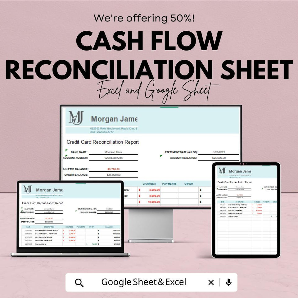 Cash Flow Reconciliation Sheet for Excel and Google Sheets | Financial Tracking Template | Balance Income, Expenses & Net Cash |