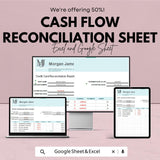 Cash Flow Reconciliation Sheet for Excel and Google Sheets | Financial Tracking Template | Balance Income, Expenses & Net Cash |