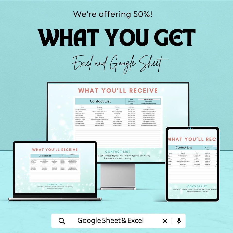 Contact List Template | Google Sheet & Excel Contact Management Sheet | Professional Contact List | Editable Contact Organizer