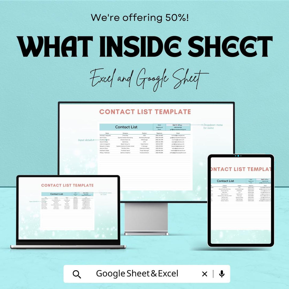 Contact List Template | Google Sheet & Excel Contact Management Sheet | Professional Contact List | Editable Contact Organizer