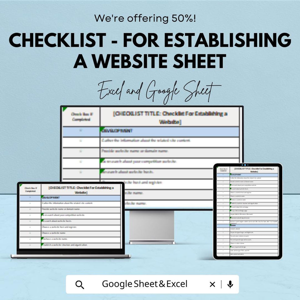Checklist for Establishing a Website - Easy Website Setup Template for Business - Google Sheet & Excel