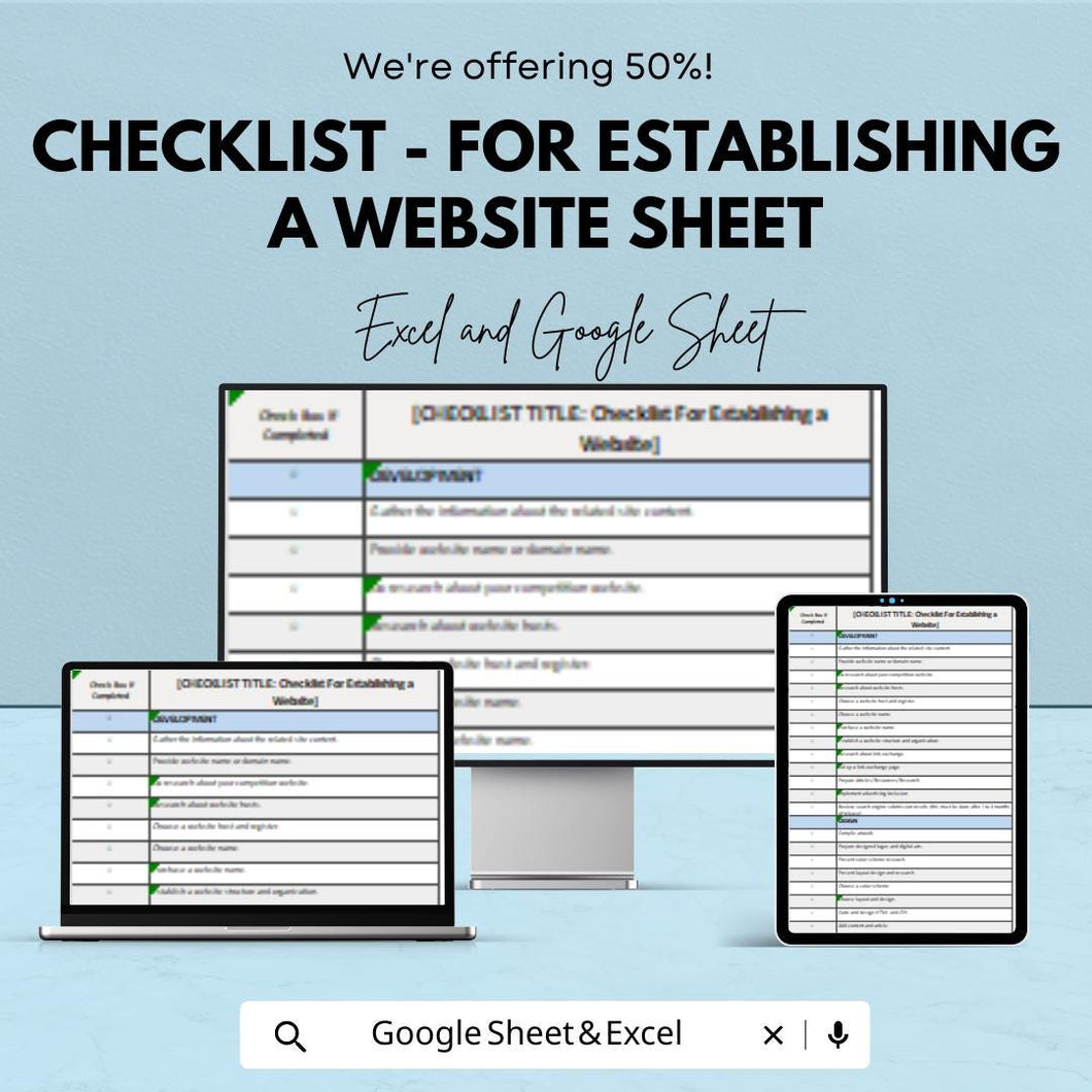 Checklist for Establishing a Website - Easy Website Setup Template for Business - Google Sheet & Excel