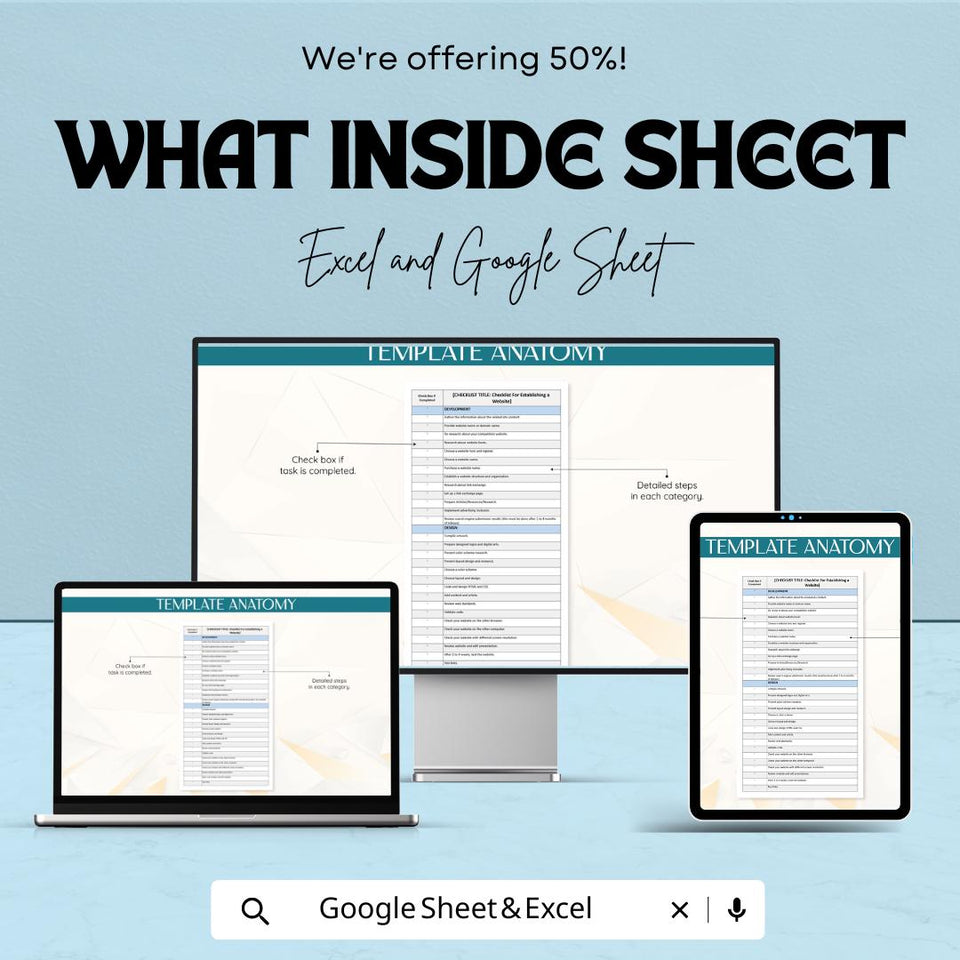 Checklist for Establishing a Website - Easy Website Setup Template for Business - Google Sheet & Excel