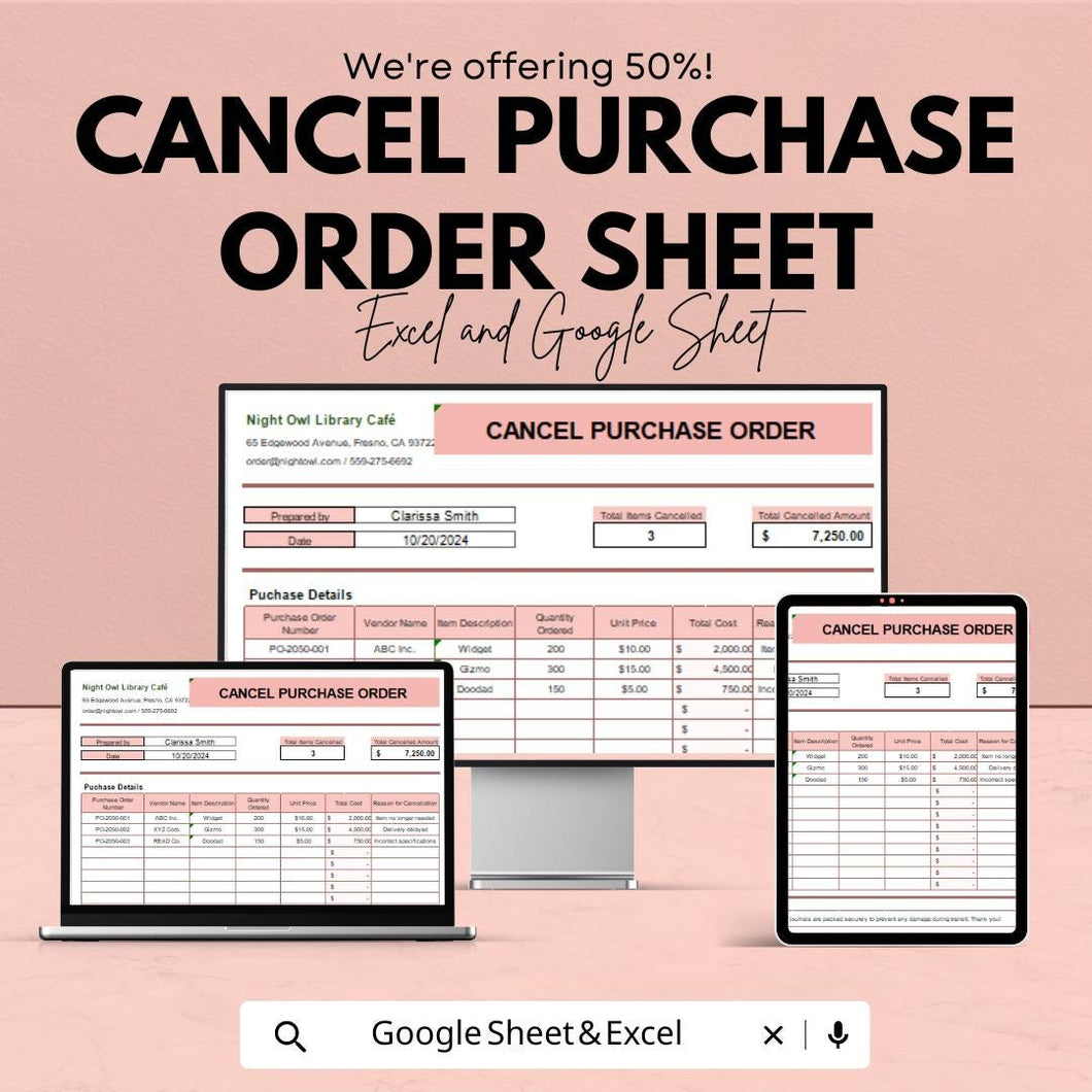 Cancel Purchase Order Sheet - Editable Excel & Google Sheet Template for Easy Order Cancellations