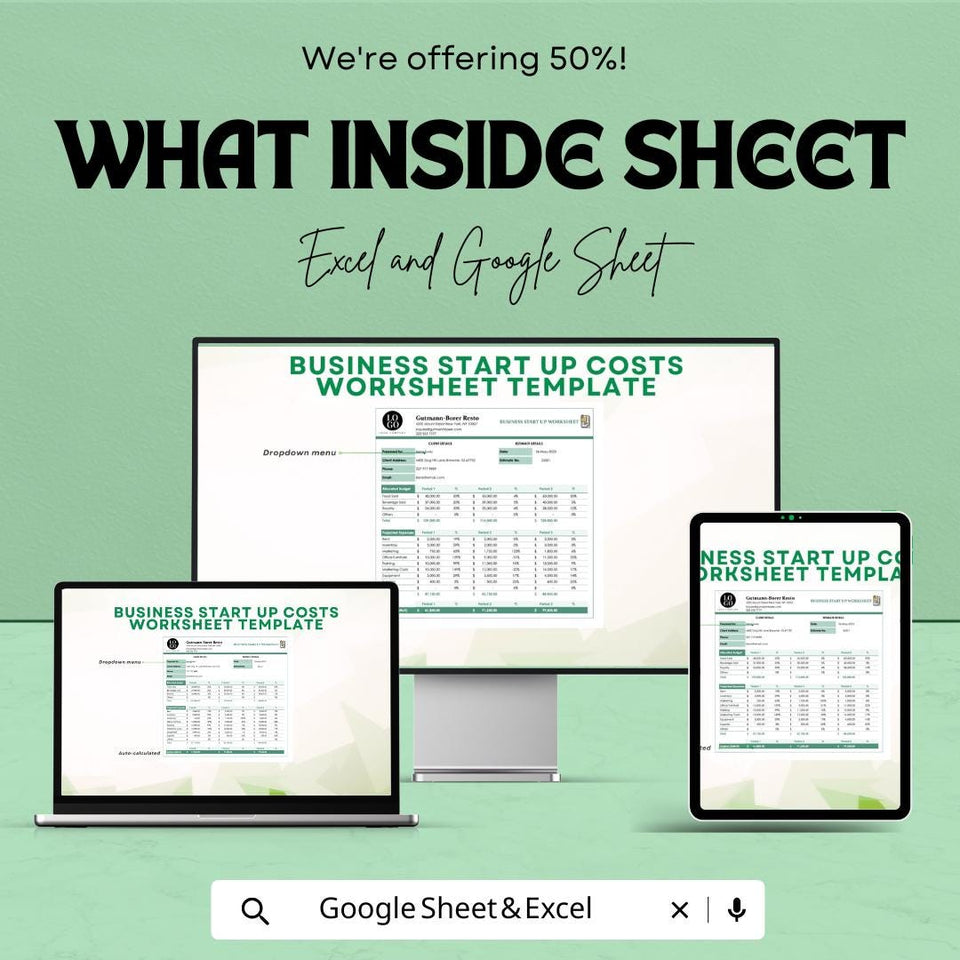 Business Start Up Costs Worksheet | Budget and Expense Tracker for New Businesses | Excel & Google Sheets Template