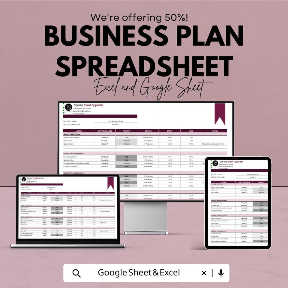 Business Plan Spreadsheet Template | Budget, Financial Planning, and Goal Tracker | Google Sheets & Excel Format
