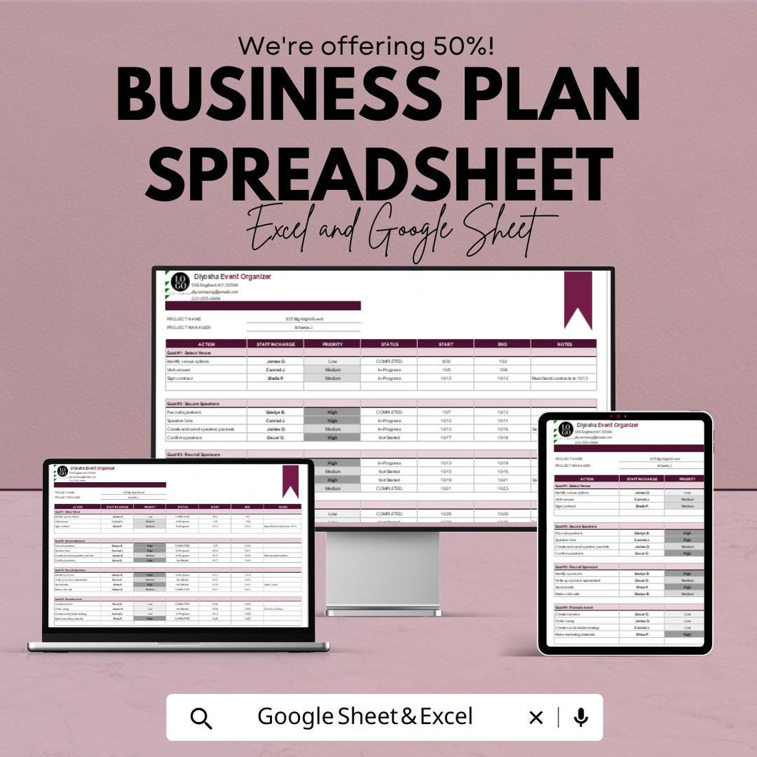 Business Plan Spreadsheet Template | Budget, Financial Planning, and Goal Tracker | Google Sheets & Excel Format