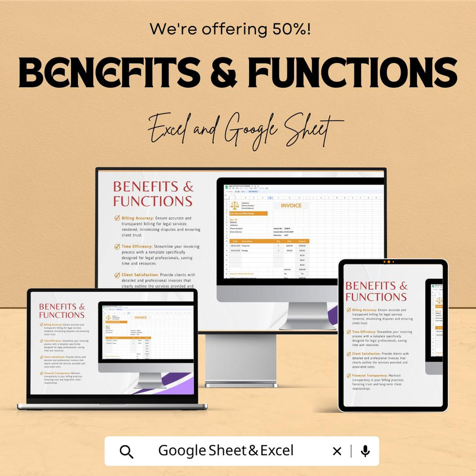 Legal Services Invoice Sheet | Google Sheet Template for Law Firms | Customizable Invoice Template | Legal Billing and Invoice Tracker |