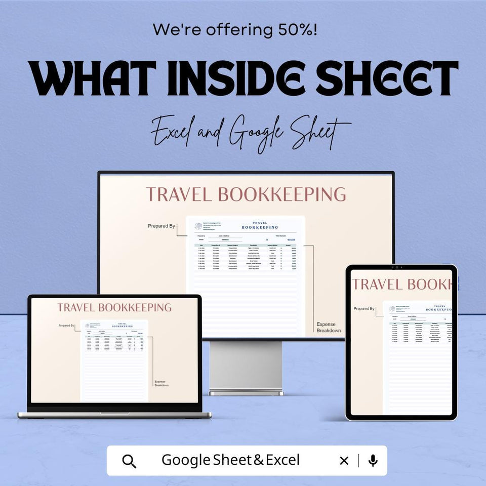 Travel Bookkeeping Sheet | Excel and Google Sheet | 50% OFF | Expense & Income Tracking Template