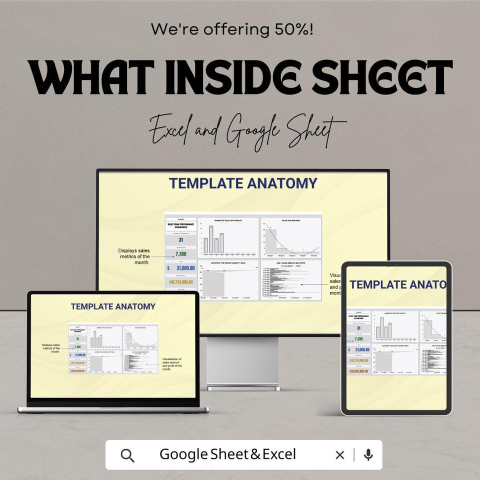 Sales Team Performance Dashboard - Excel & Google Sheet Template for Tracking Sales Metrics, Team Performance and Goals
