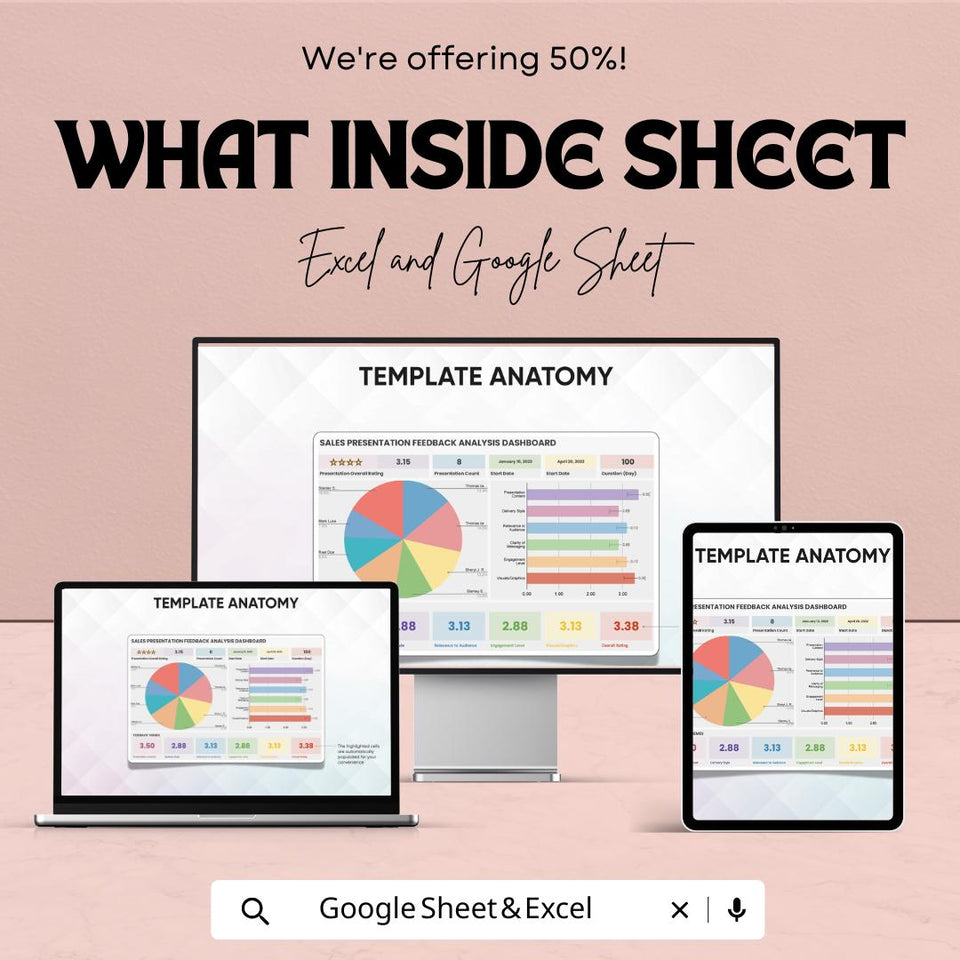 Sales Presentation Feedback Analysis Dashboard | Google Sheets & Excel Template | Performance Review Tracker | Sales Metrics Dashboard |