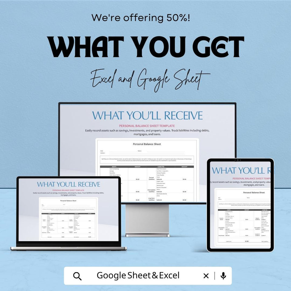 Personal Balance Sheet | Excel and Google Sheet | 50% OFF | Track Assets & Liabilities Template