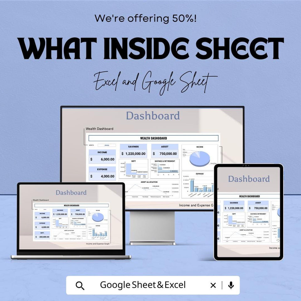 Wealth Dashboard Excel & Google Sheet | Finance Tracker | Budget Planner | Income Expense Tracker | Digital Spreadsheet