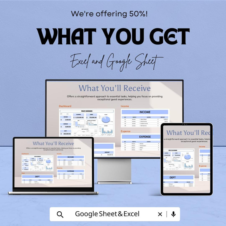 Wealth Dashboard Excel & Google Sheet | Finance Tracker | Budget Planner | Income Expense Tracker | Digital Spreadsheet
