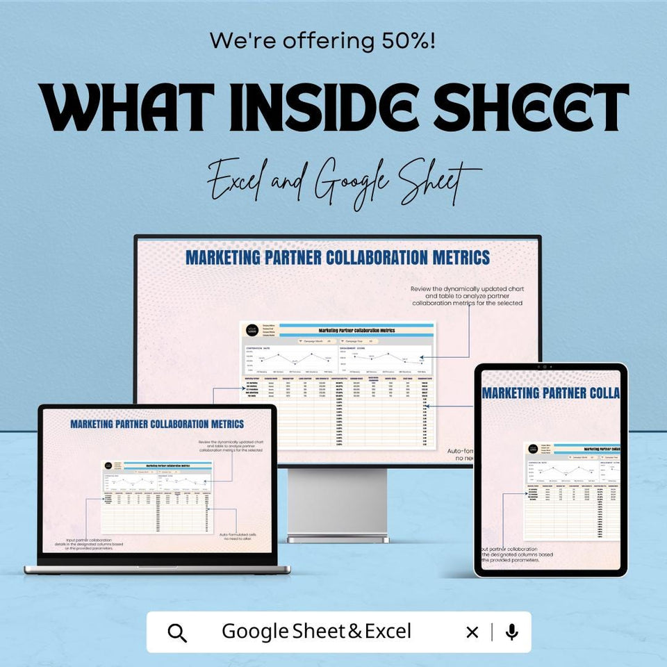 Marketing Partner Collaboration Metrics Sheet | Excel & Google Sheet | 50% OFF | Performance Tracking and Goal Setting Template