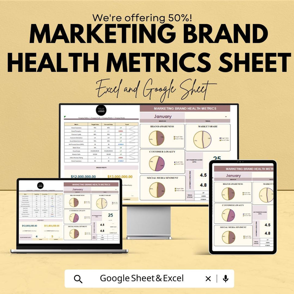 Marketing Brand Health Metrics Sheet - Excel and Google Sheets Template | Track Brand Awareness, Loyalty & Social Media Sentiment