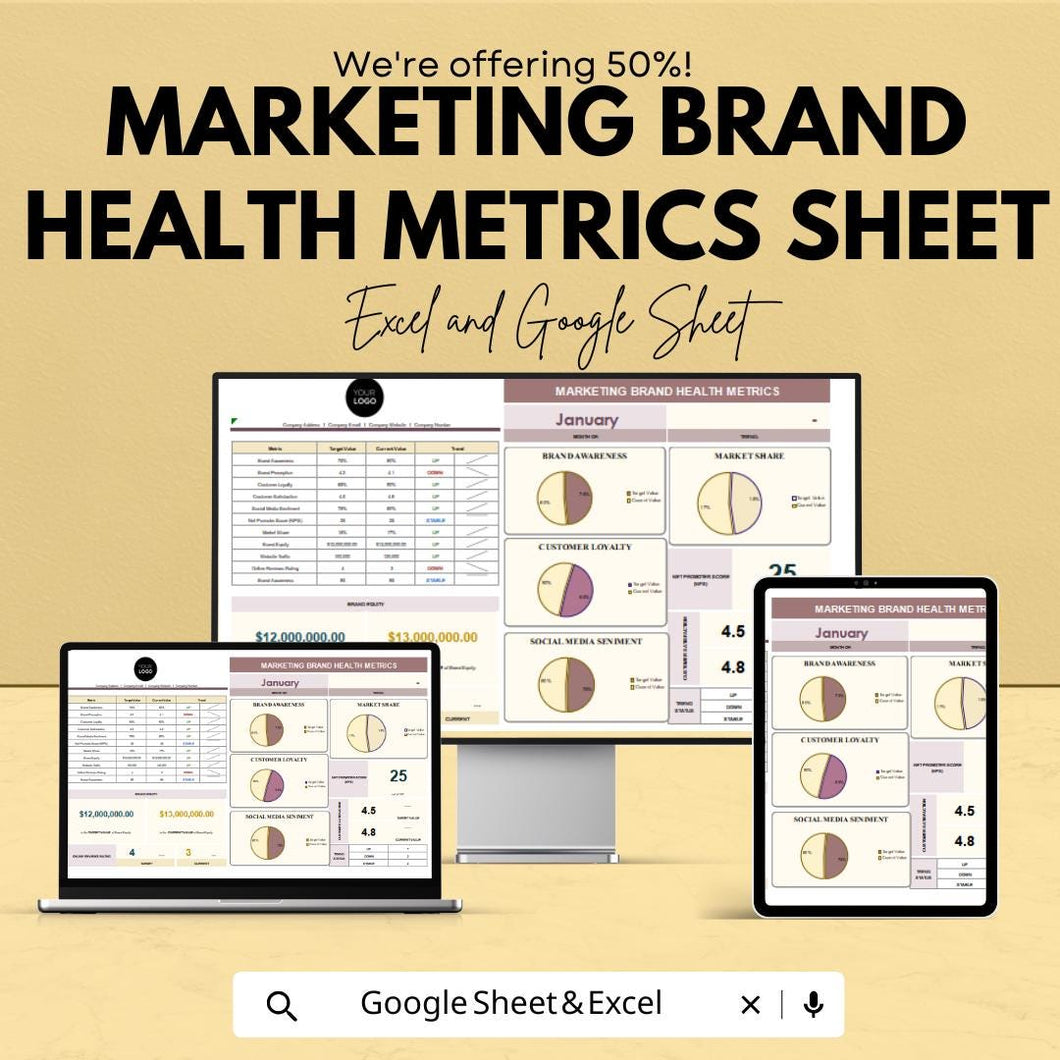 Marketing Brand Health Metrics Sheet - Excel and Google Sheets Template | Track Brand Awareness, Loyalty & Social Media Sentiment