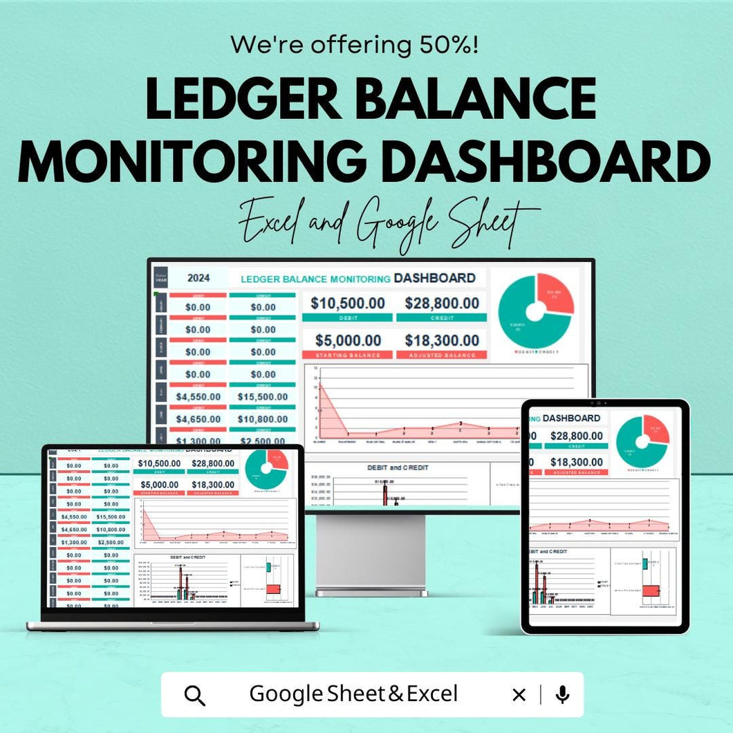 Ledger Balance Monitoring Dashboard Template | Financial Tracking Excel & Google Sheets | Manage Debts, Credits, and Balances |