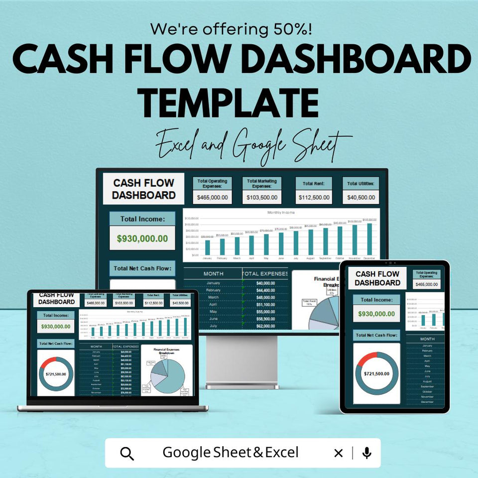 Cash Flow Dashboard | Financial Management Excel and Google Sheets | Monthly & Annual Cash Flow Analysis | Real-Time Financial Dashboard
