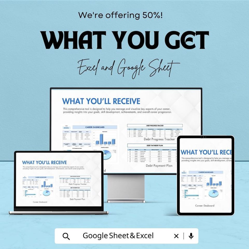 Career Dashboard | Google Sheet | Financial Clarity, Debt Tracker & Career Goal Planner | Customizable Templates for Professional Growth