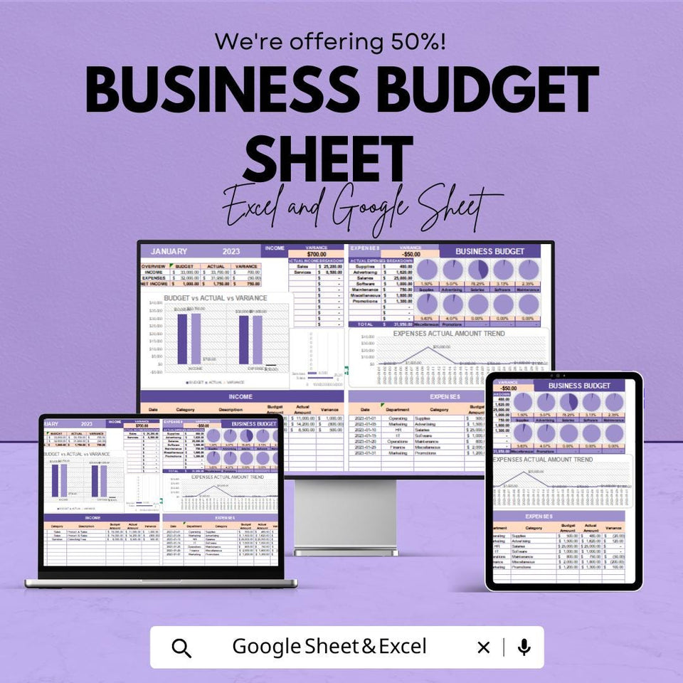 Business Budget Sheet - Excel and Google Sheet Template for Financial Planning, Income & Expense Tracker, Budgeting and Expense Analysis