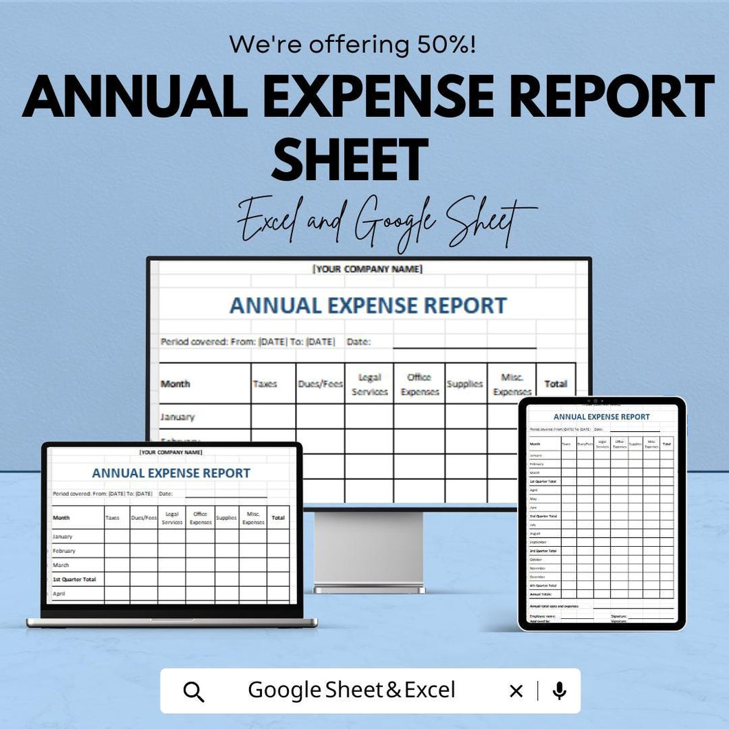 Annual Expense Report Sheet Template for Google Sheets | Optimize Expenses | Business Financial Management Tool | Expense Tracking Sheet