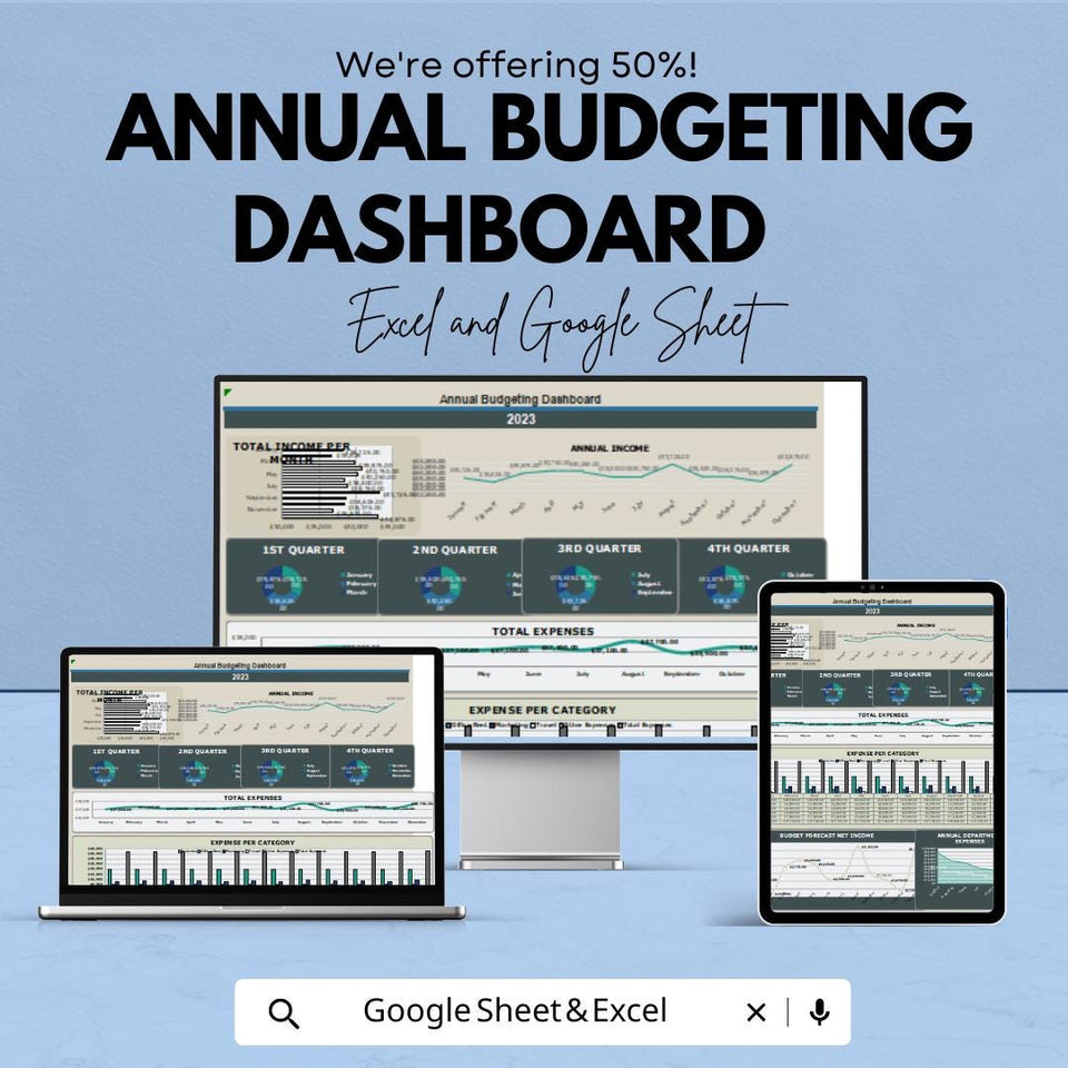 Annual Budgeting Dashboard Template - Excel and Google Sheet for Financial Planning - Track Income, Expenses & Forecasting |