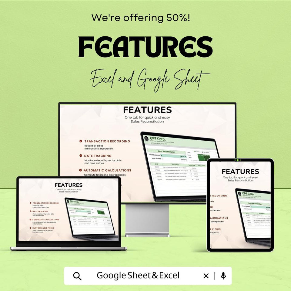 Sales Reconciliation Sheet Template for Excel and Google Sheets | Financial Management Spreadsheet | Track Sales, Additions & Deductions |